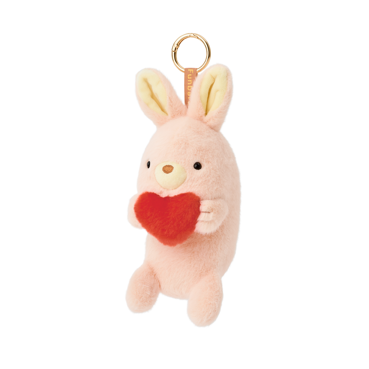 Product image shows Posture Pal Bag Charm, Rabbit variant with a brown tag and gold circle clip. Rabbit is light pink and cream colored, holding a red plush heart between its hands.
